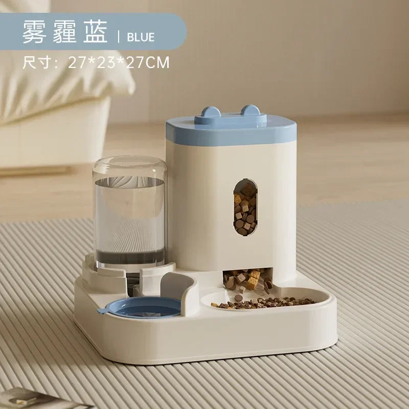 FanzyMarket automatic non-electric pet feeder with water fountain, large-capacity gravity-fed food and water dispenser for dogs and cats.