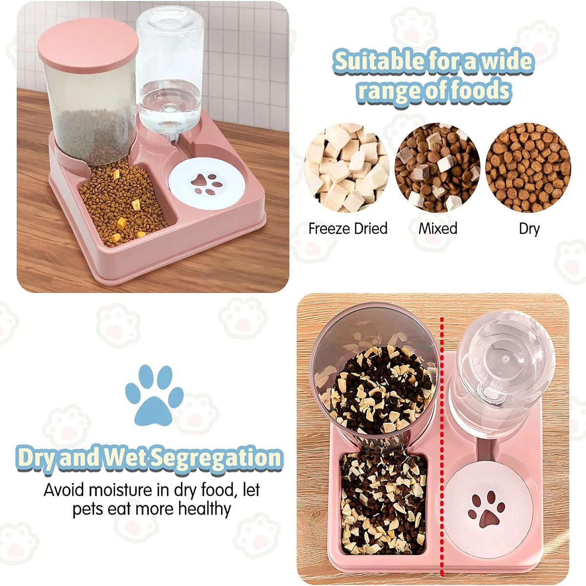 FanzyMarket automatic 2-in-1 gravity pet feeder and water dispenser for cats and small dogs, with tilted food and water bowls.