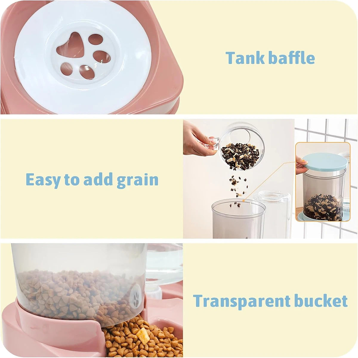 FanzyMarket automatic 2-in-1 gravity pet feeder and water dispenser for cats and small dogs, with tilted food and water bowls.