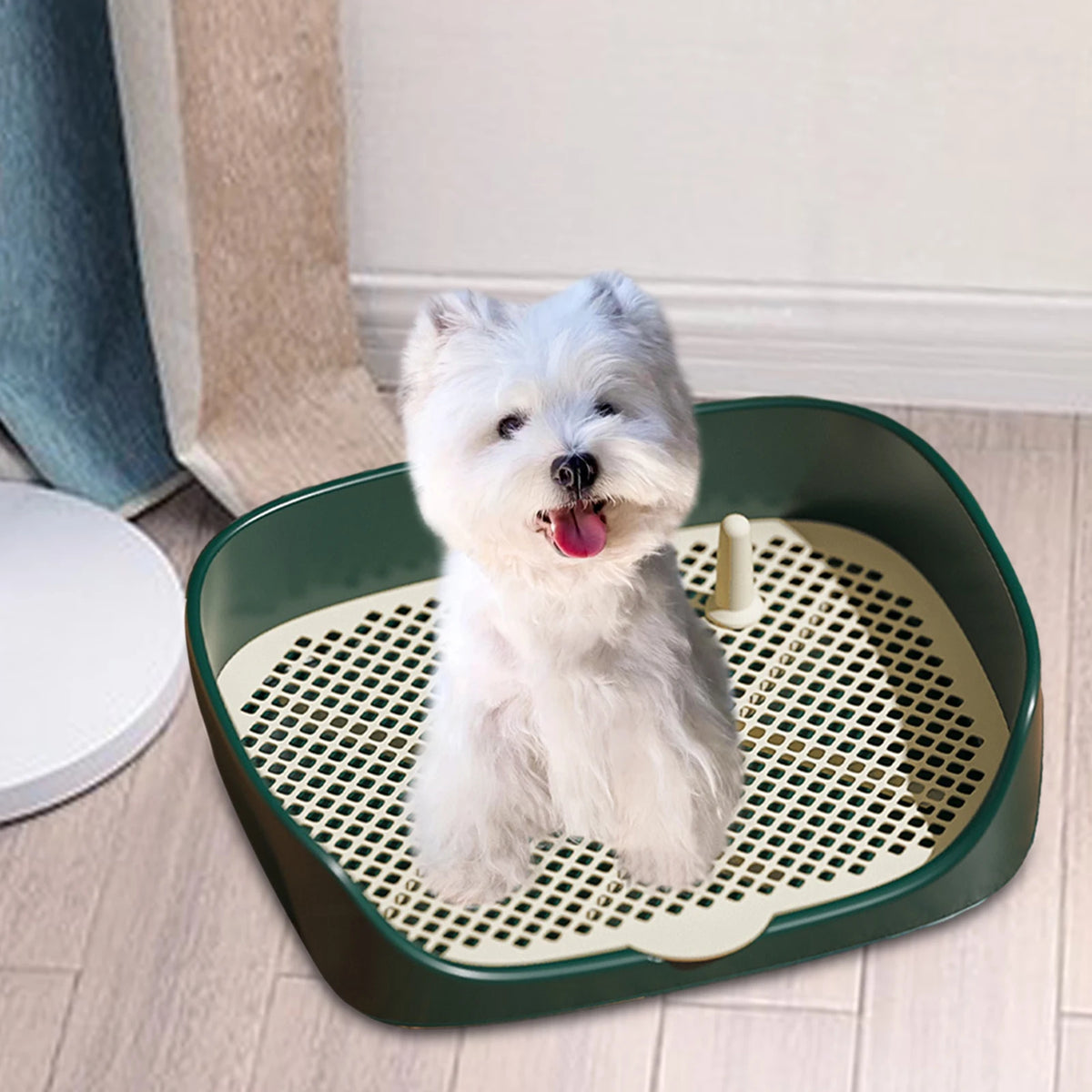 FanzyMarket portable dog and cat training potty with splash guard, non-slip grid, suitable for indoor and outdoor use.
