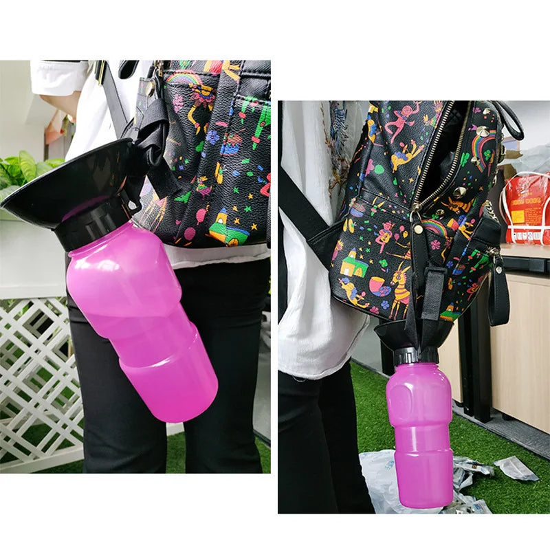 Pink 500ml portable dog and cat travel water bottle with built-in drinking bowl, ideal for pet feeding on the go.