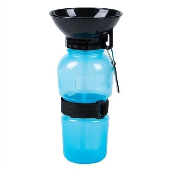 Pink 500ml FanzyMarket portable travel water bottle for dogs and cats with built-in drinking bowl for easy hydration on the go.