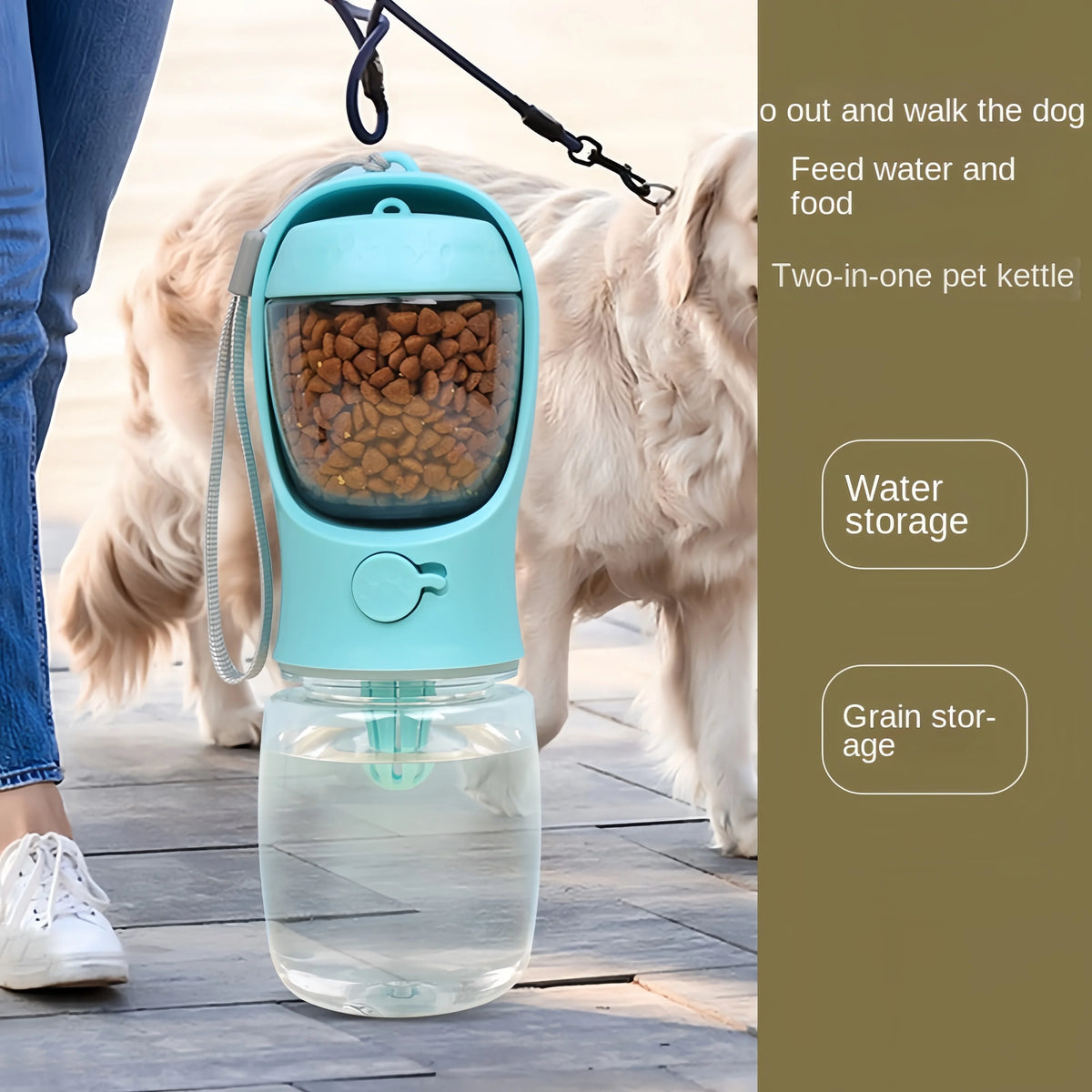 Pink portable pet water bottle with built-in food storage, ideal for travel dogs and cats, from FanzyMarket.