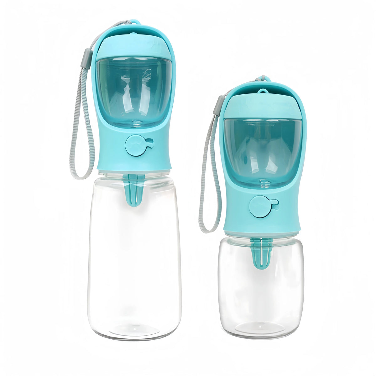 Pink portable pet water bottle with built-in food storage for dogs and cats, featuring a travel feeder bowl by FanzyMarket.