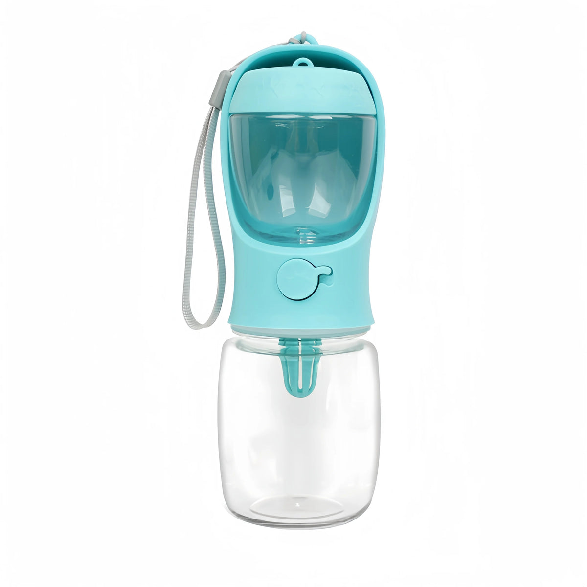 Pink portable pet water bottle with built-in food storage, ideal for travel dog and cat feeding, by FanzyMarket.