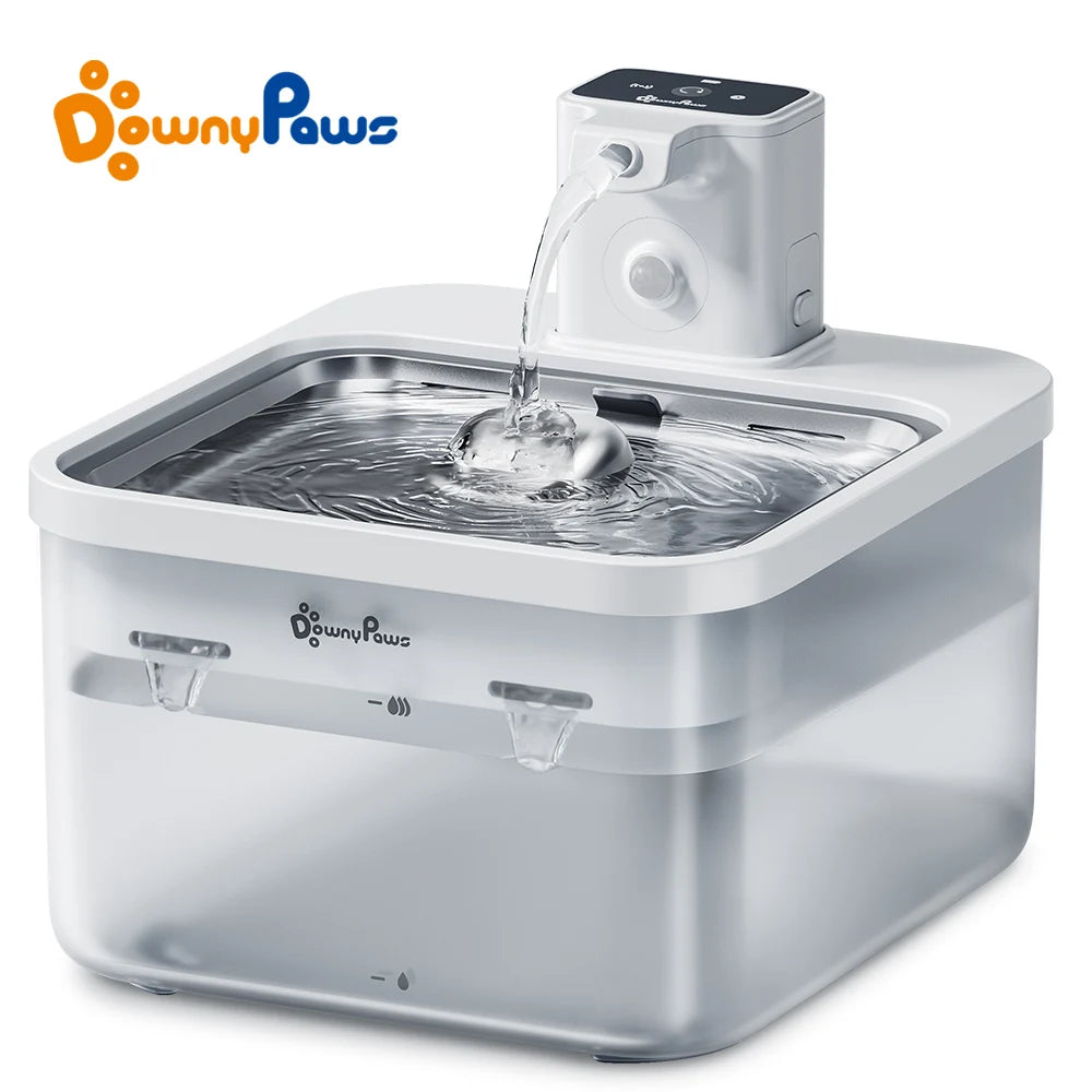 FanzyMarket 2.5L automatic stainless steel cat water fountain with rechargeable battery and motion sensor for fresh pet hydration.