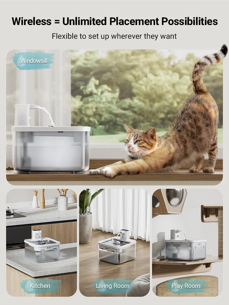 FanzyMarket 2.5L stainless steel cat water fountain with rechargeable battery, wireless design, and motion sensor for pet hydration.