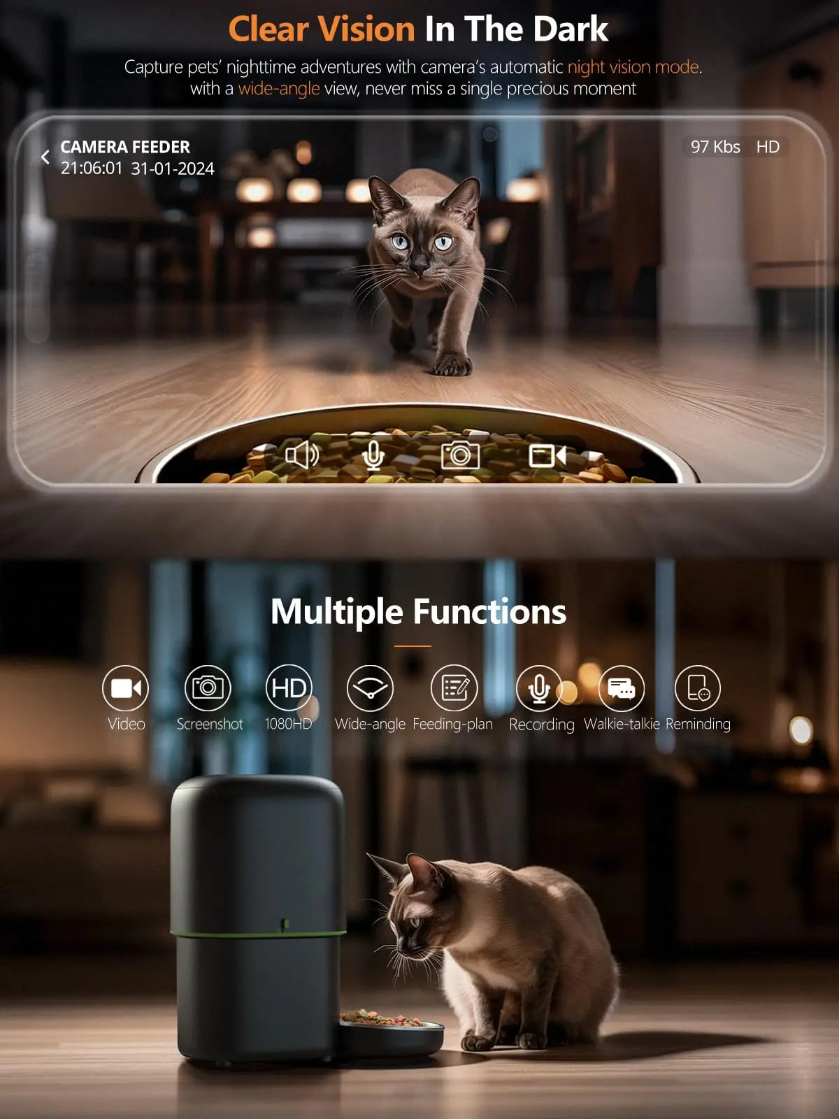 FanzyMarket smart pet feeder with 1080p camera, dual-band WiFi, app control, voice call, and automatic kibble dispenser for cats and dogs.