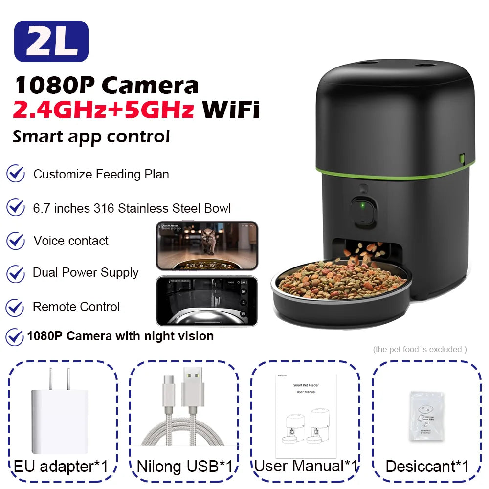 FanzyMarket smart pet feeder with 1080p camera, dual-band WiFi, app control, voice call, and automatic kibble dispensing for cats and dogs.