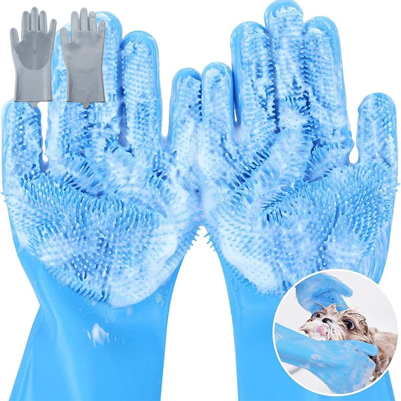 Blue FanzyMarket pet grooming gloves for dogs and cats, ideal for bathing, massage, and hair removal, 2-pack for easy grooming.