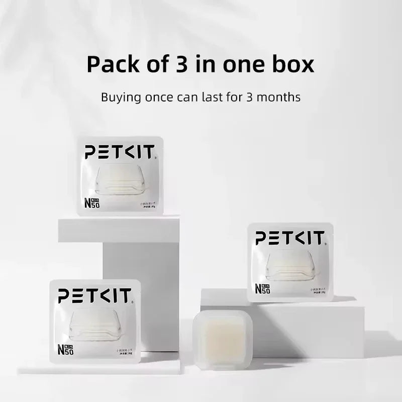 FanzyMarket deodorant cube refills for automatic cat litter boxes, 3-pack, odor control, small 5x5x1 cm pet grooming and hygiene product.