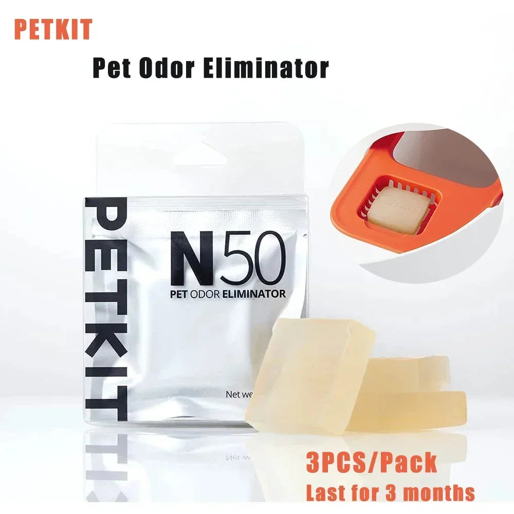 Three FanzyMarket odor eliminator cartridges for self-cleaning cat litter boxes, 5x5x1 cm, pet grooming and hygiene supplies.