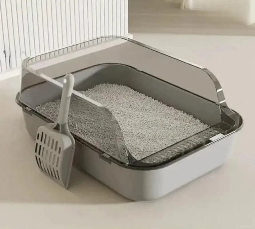Gray semi-enclosed cat litter box by FanzyMarket with high sides and splashproof design for indoor kitten grooming and hygiene