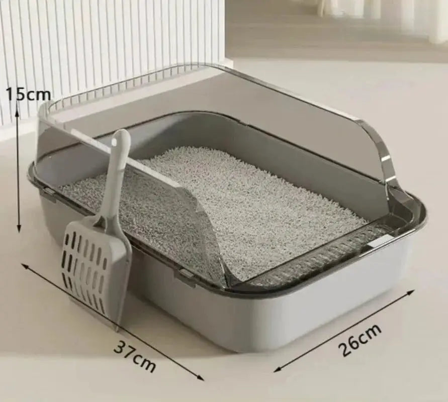 Gray semi-enclosed cat litter box from FanzyMarket with high sides, splashproof design, ideal for indoor kittens and cats.