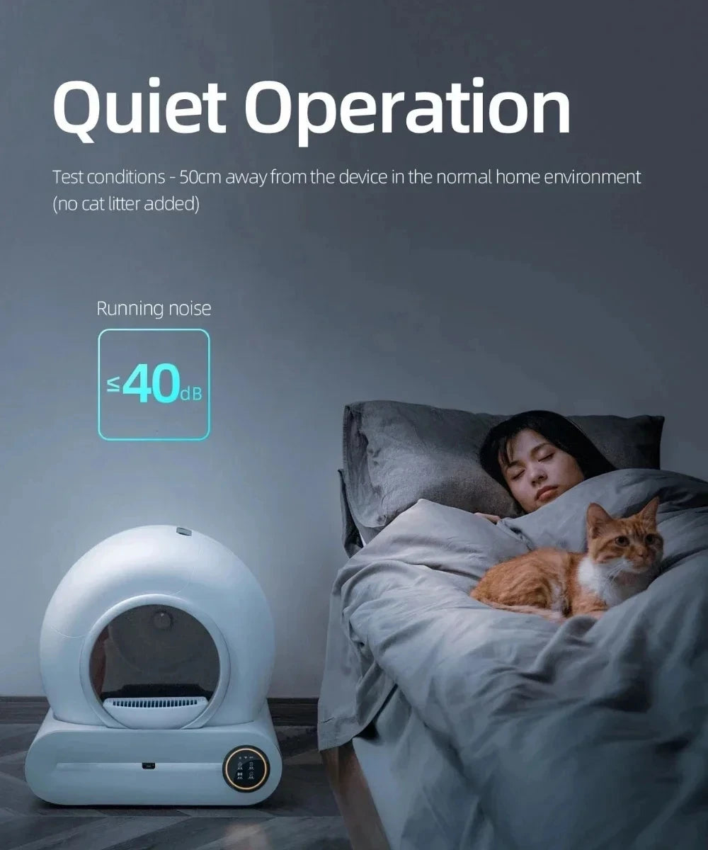 FanzyMarket 65L self-cleaning enclosed cat litter box with smart app control and low-noise operation for pet hygiene.