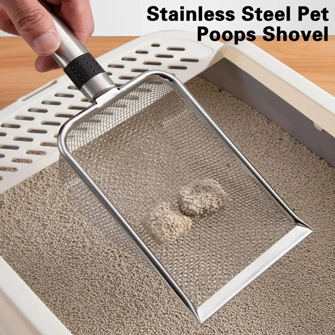 Large aluminum alloy cat litter scoop with long stainless steel handle, ideal for easy cleaning and hygiene in pet grooming.