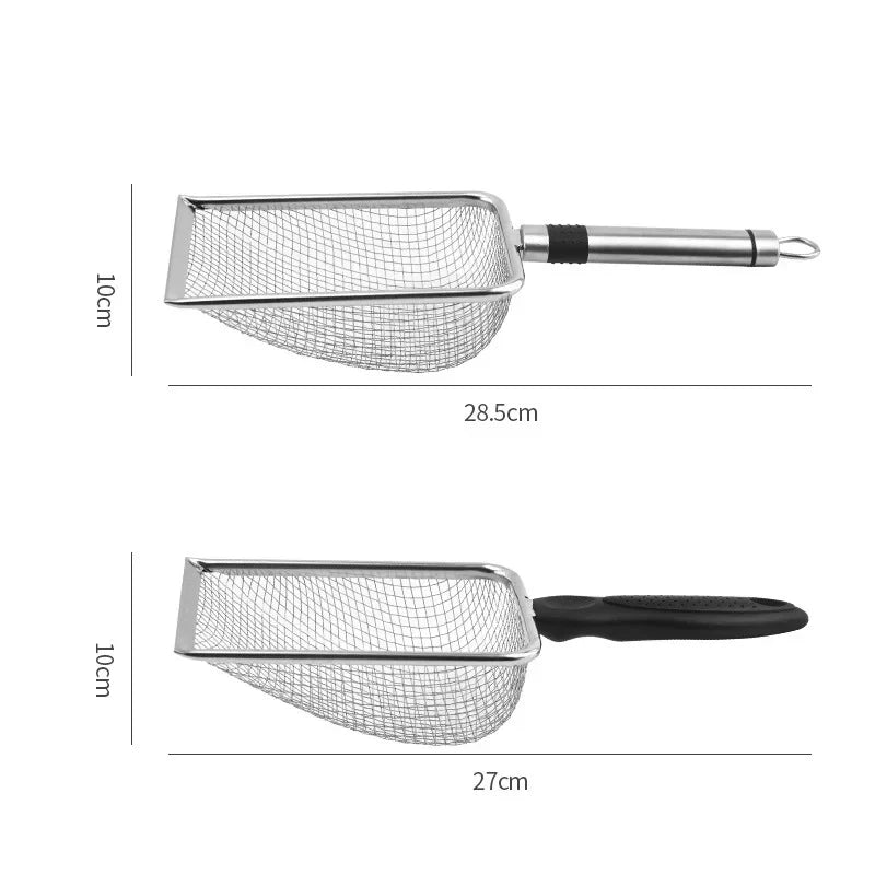 Large aluminum alloy cat litter scoop with long stainless steel handle, ideal for grooming and hygiene in pet supplies.