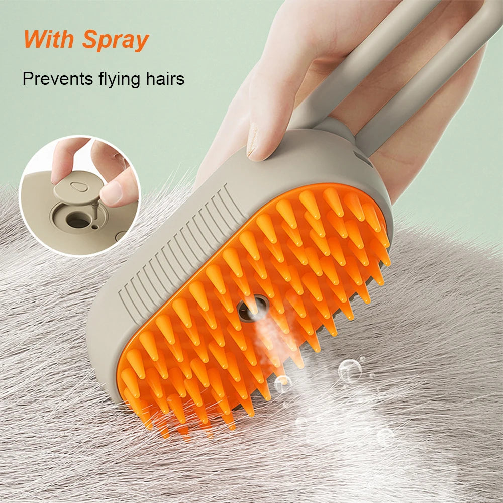 FanzyMarket USB rechargeable pet grooming brush with spray, electric cat and dog massage comb for short and long hair.