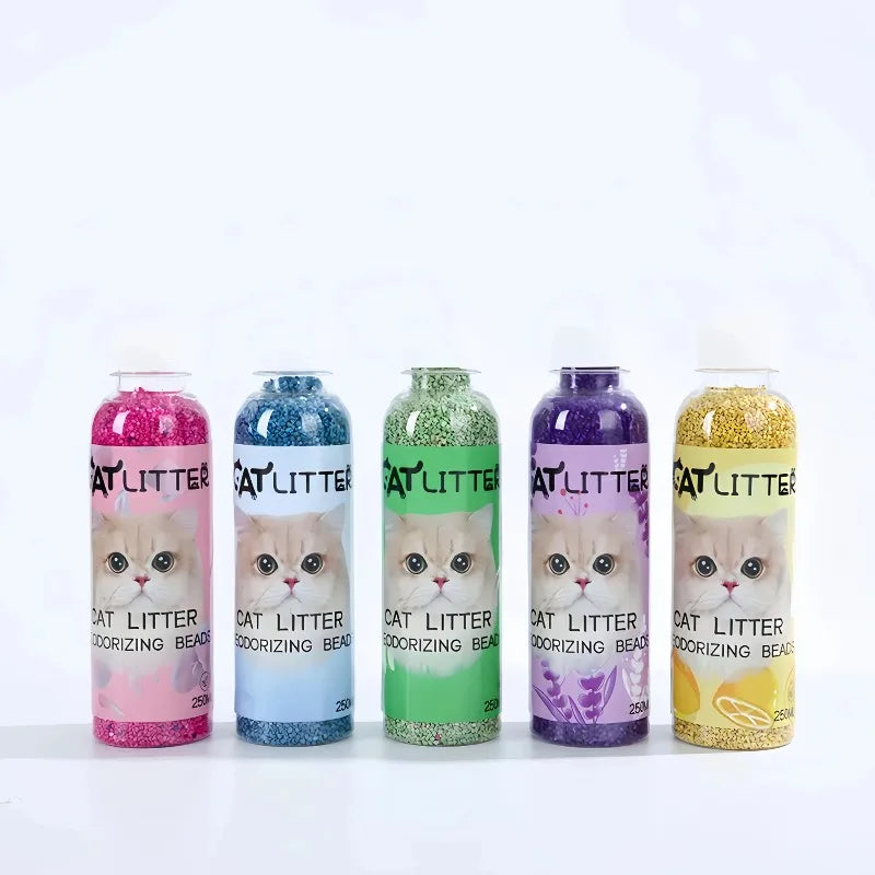 FanzyMarket cat litter deodorizer beads bottle, a green container for odor elimination and freshening litter boxes.
