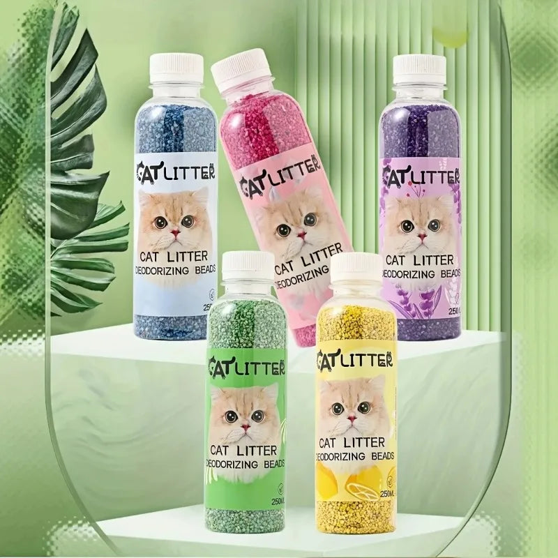FanzyMarket cat litter deodorizer beads bottle with green design, odor eliminator and freshener for litter boxes, pet grooming.