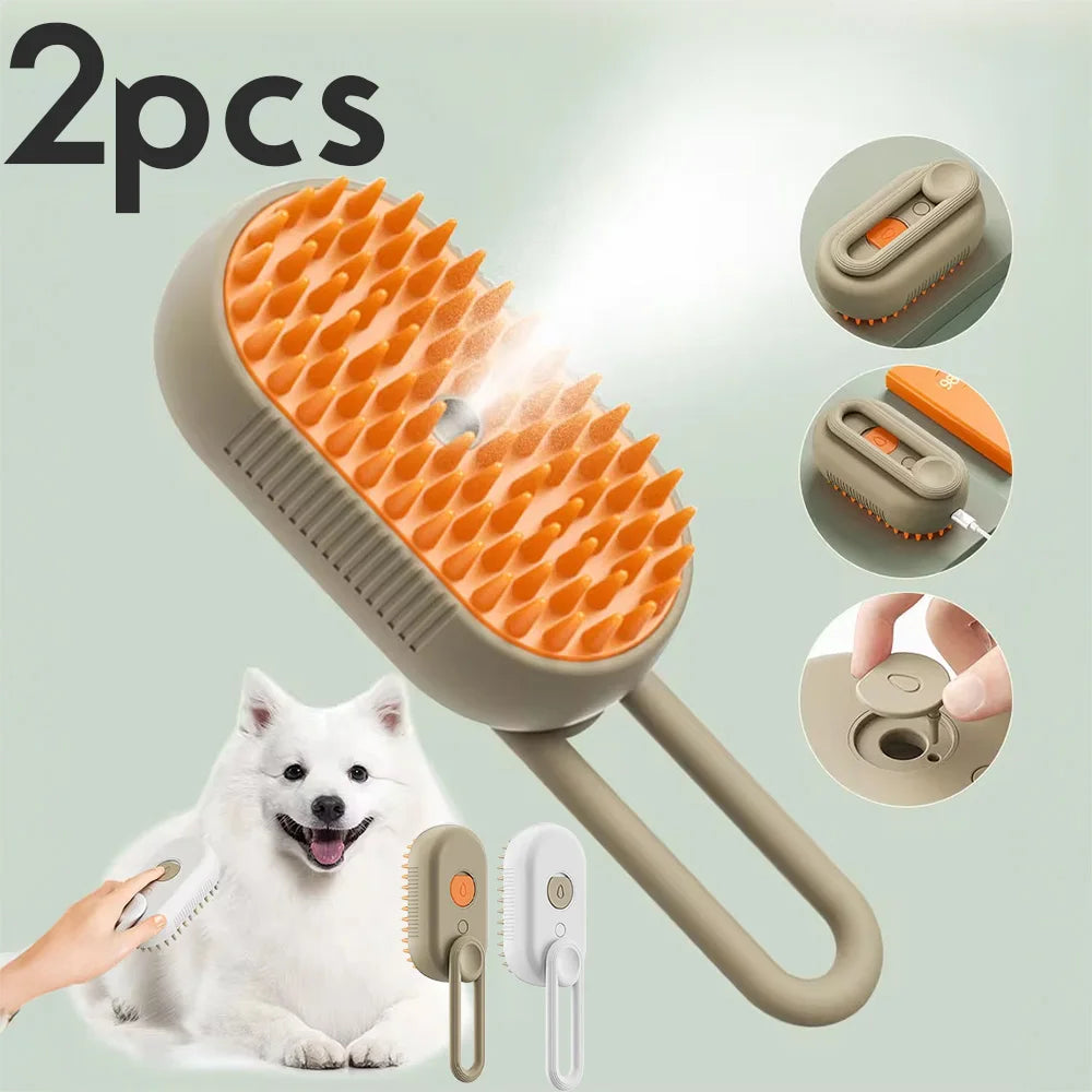 FanzyMarket steam pet grooming brush for cats and dogs, 3-in-1 spray massage, USB rechargeable hair removal comb, green mango design