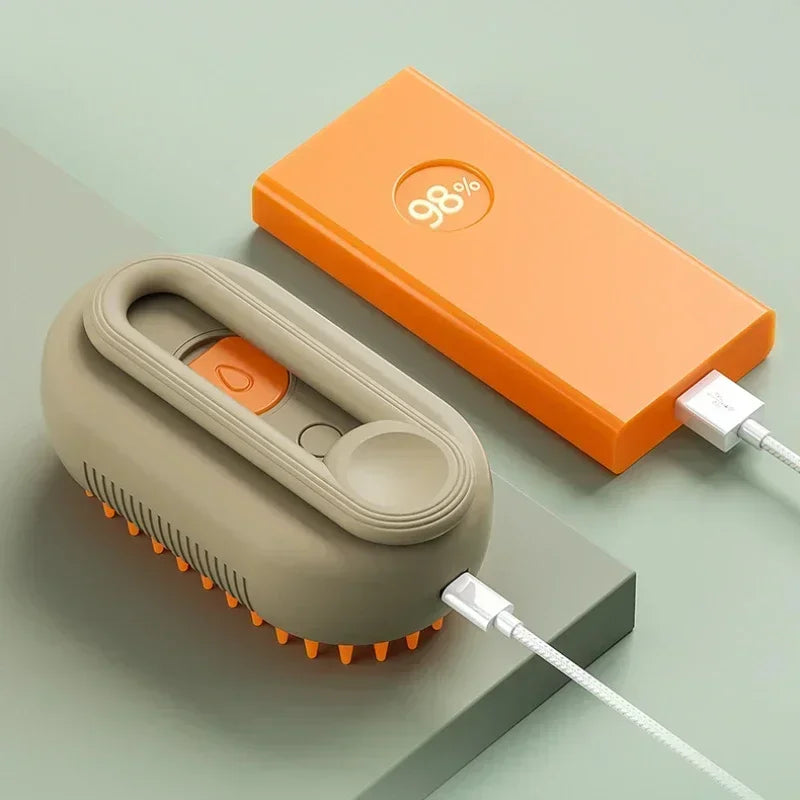 FanzyMarket 3-in-1 steam pet grooming brush with spray massage, USB rechargeable hair removal comb for cats and dogs.