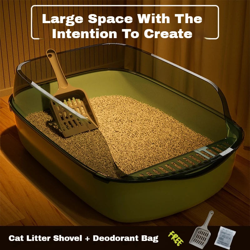 FanzyMarket semi-enclosed cat litter box with anti-splash plastic tray, large capacity in green, measuring 15.7x10.2x5.9 inches.