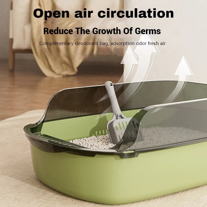 FanzyMarket semi-enclosed green cat litter box with anti-splash plastic tray, large capacity 15.7x10.2x5.9 inches, pet grooming and hygiene.