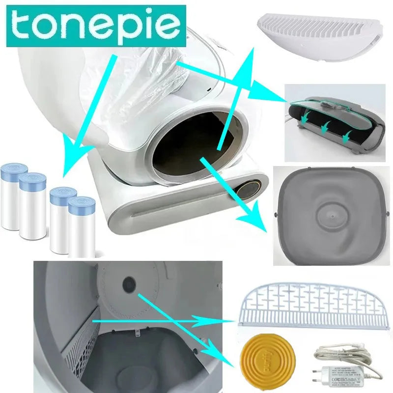 FanzyMarket automatic cat litter accessories kit with litter pad, filter, waste bin door, power cord, and disposable bags for grooming.