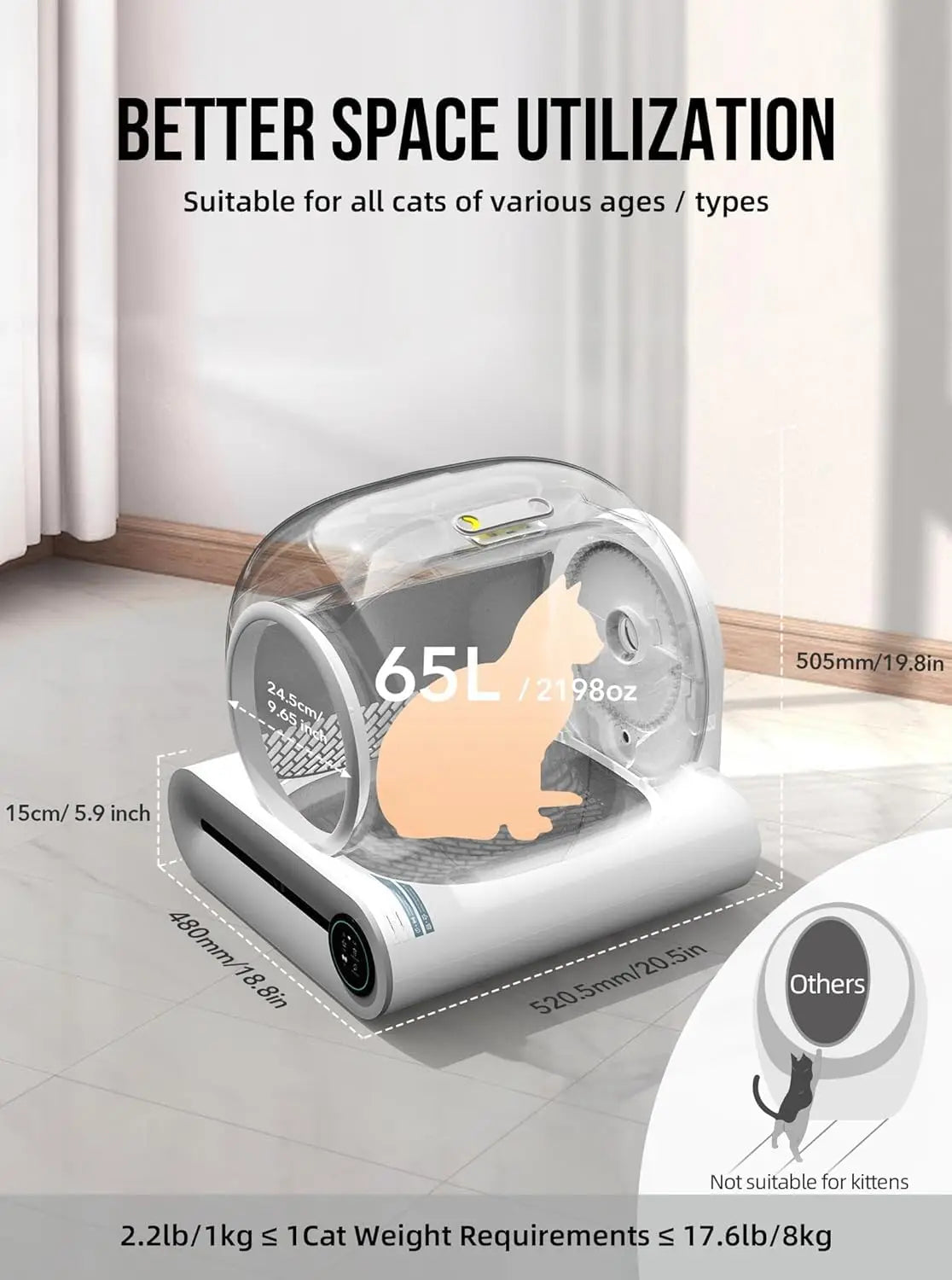 FanzyMarket 65L automatic self-cleaning enclosed cat litter box with app control and ionic deodorizer for pet hygiene.