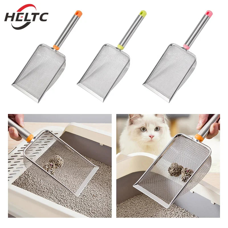 FanzyMarket stainless steel fine mesh cat litter scoop with comfortable grip, easy-clean non-stick shovel for pet grooming and hygiene.