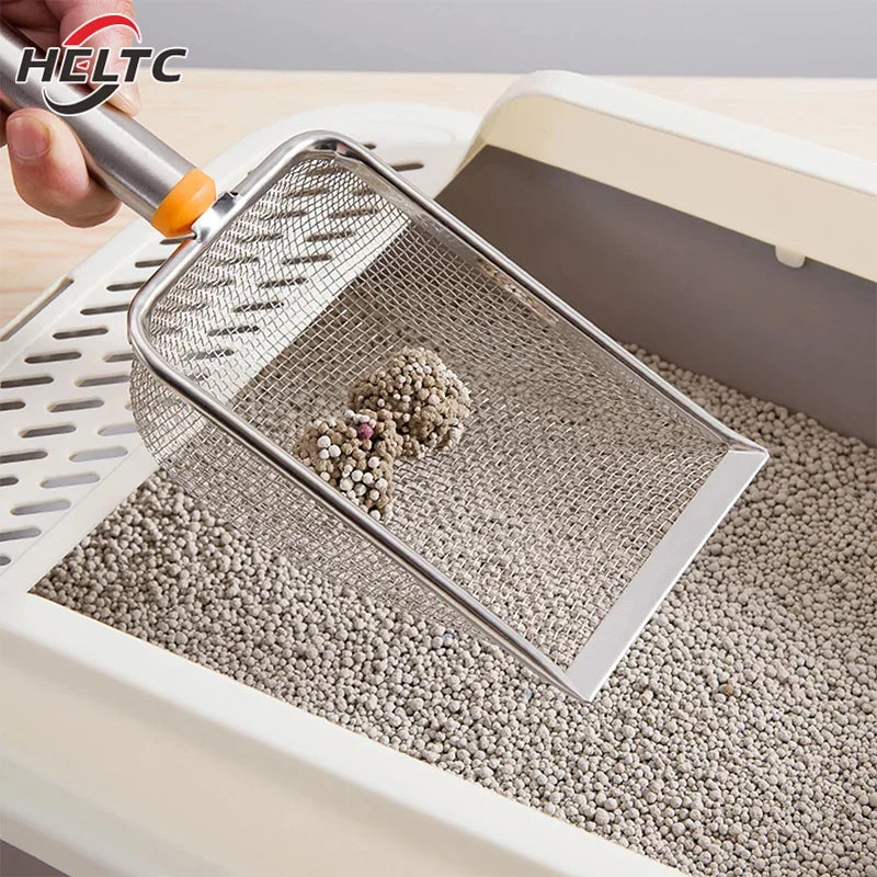 FanzyMarket stainless steel fine mesh cat litter scoop with non-stick shovel and comfortable grip for easy cleaning.
