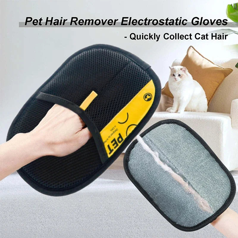 FanzyMarket pet hair remover gloves with electrostatic design and 2-in-1 lint roller for grooming cats and dogs.