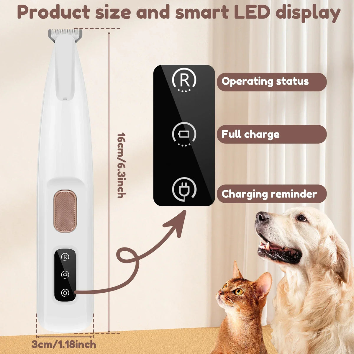 FanzyMarket cordless waterproof dog paw trimmer with LED light, display, 18mm stainless steel blade for pet grooming and hygiene.