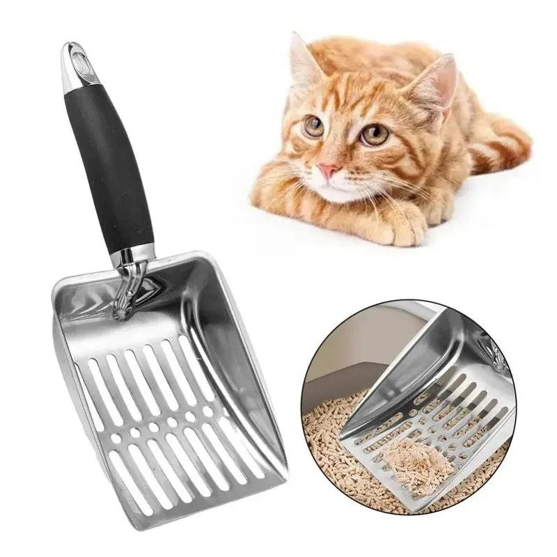 FanzyMarket stainless steel cat litter scoop with long handle, durable metal litter shovel for easy cleaning, 10.23 x 4.21 inches.