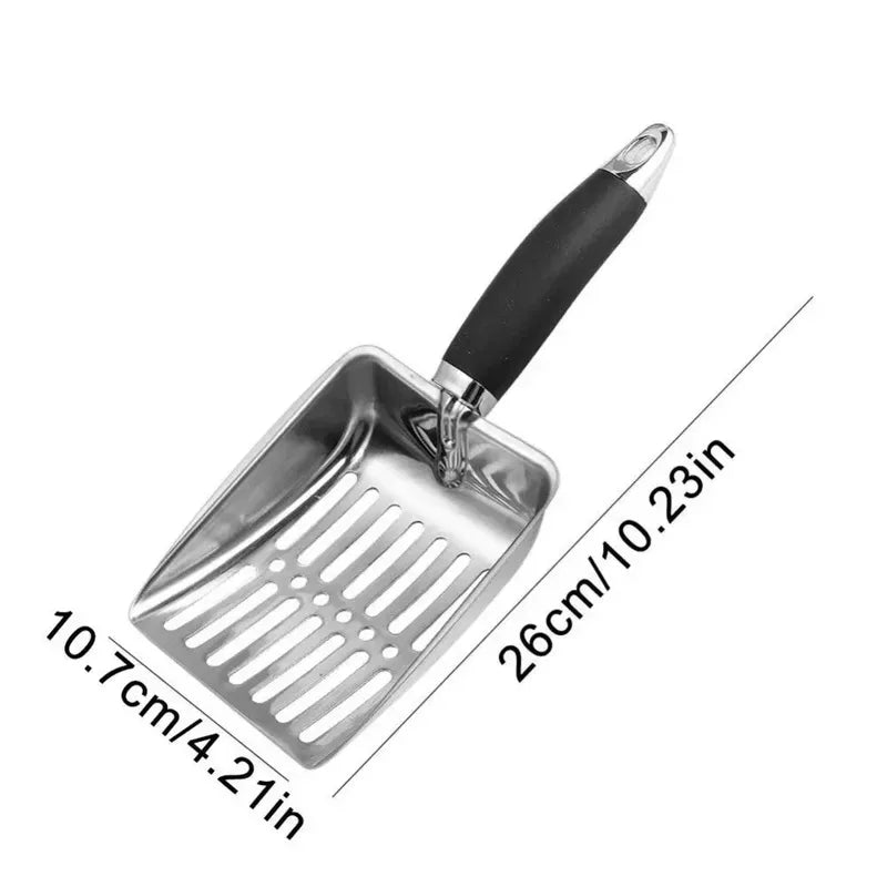 FanzyMarket stainless steel cat litter scoop with long handle, durable metal litter shovel, measuring 10.23 x 4.21 inches.