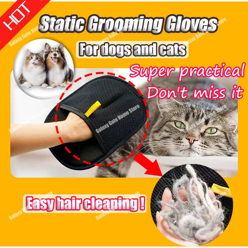 Electrostatic pet grooming glove for dogs and cats, reusable and washable, with bidirectional shedding and massage features.