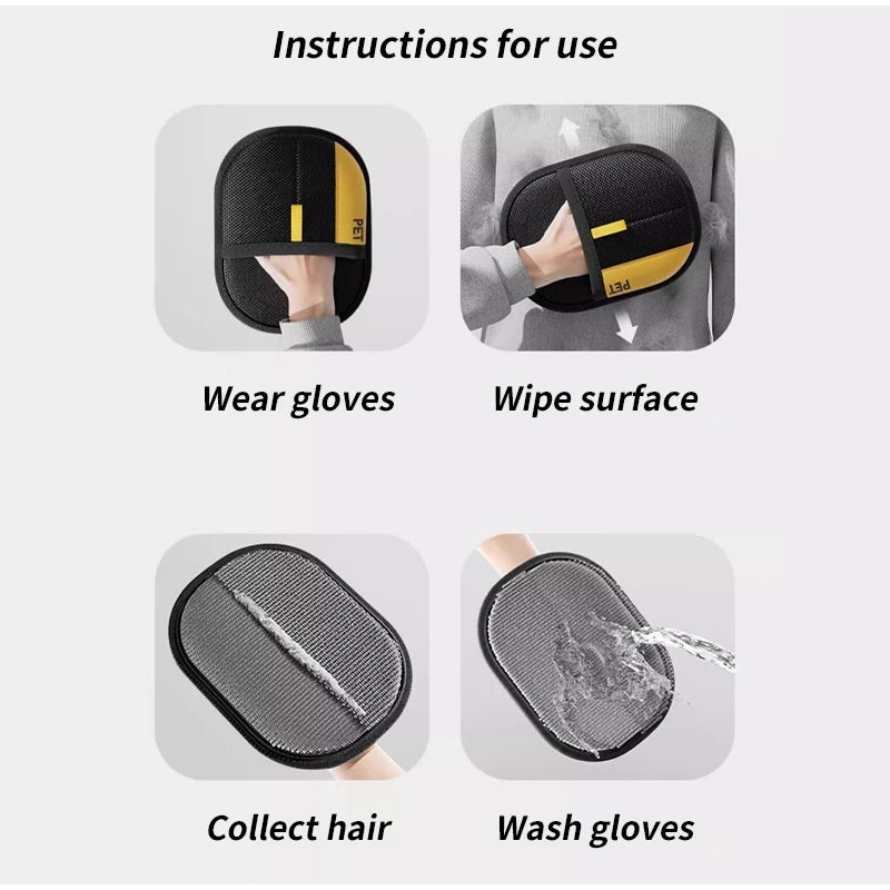 Electrostatic pet grooming glove for dogs and cats, reusable, washable, and bidirectional shedding and massage in two sizes.