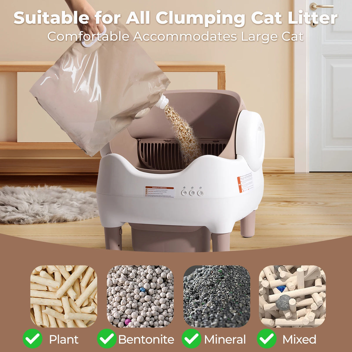 FanzyMarket self-cleaning cat litter box with app control, open top, 10L waste bin, and whisper-quiet operation for multi-cat homes.