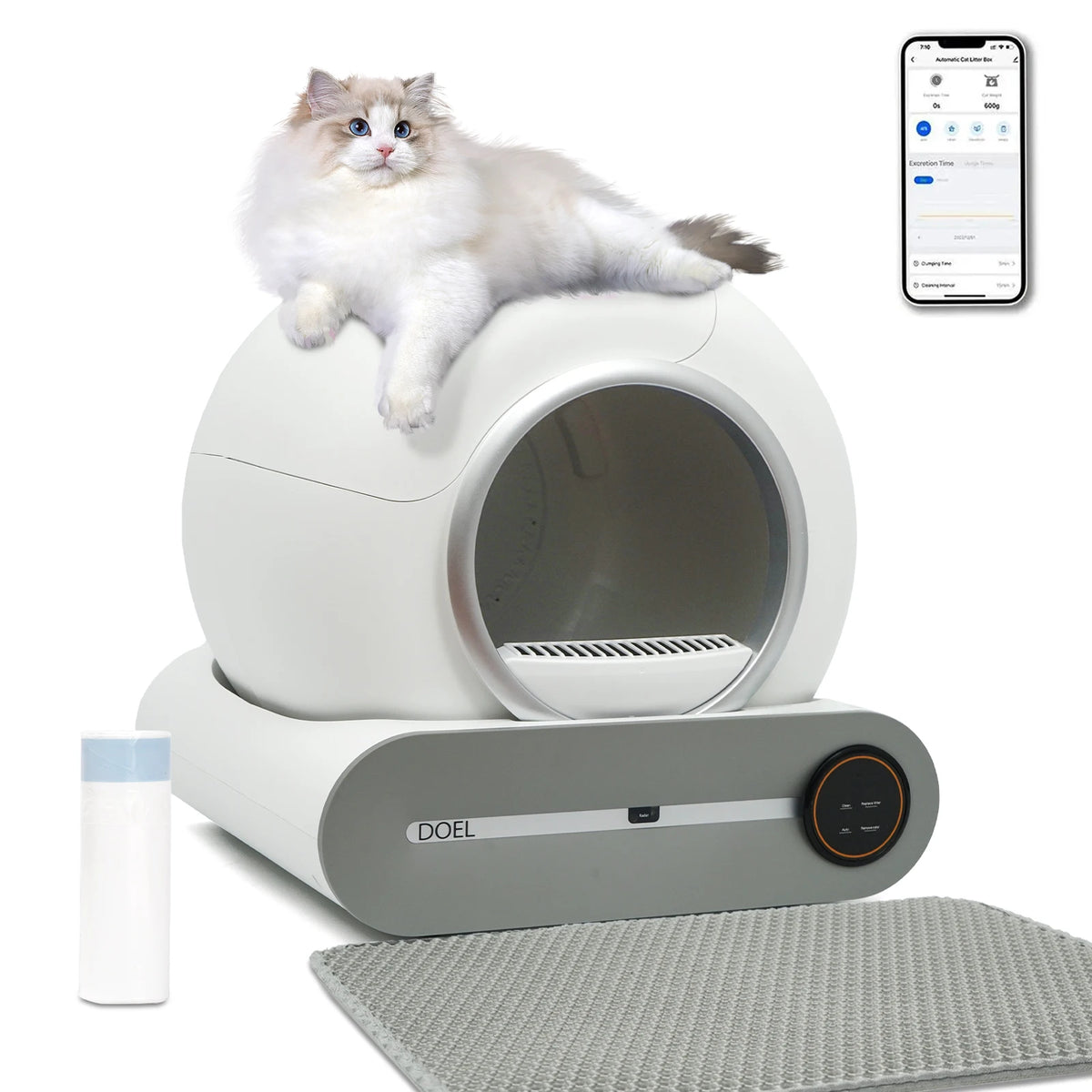 FanzyMarket self-cleaning cat litter box with app control, 65L capacity, white automatic pet toilet with trash bag and litter mat.