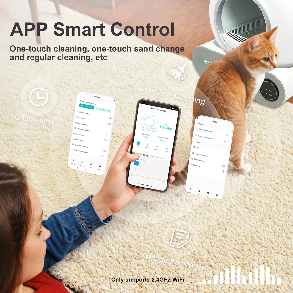 FanzyMarket self-cleaning cat litter box with app control, 65L capacity, Wi-Fi, trash bag, and litter mat for pet hygiene.