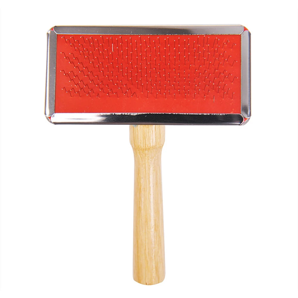 FanzyMarket pet grooming needle comb with wooden handle, stainless steel massage brush for dogs and cats, removes loose hair and detangles.