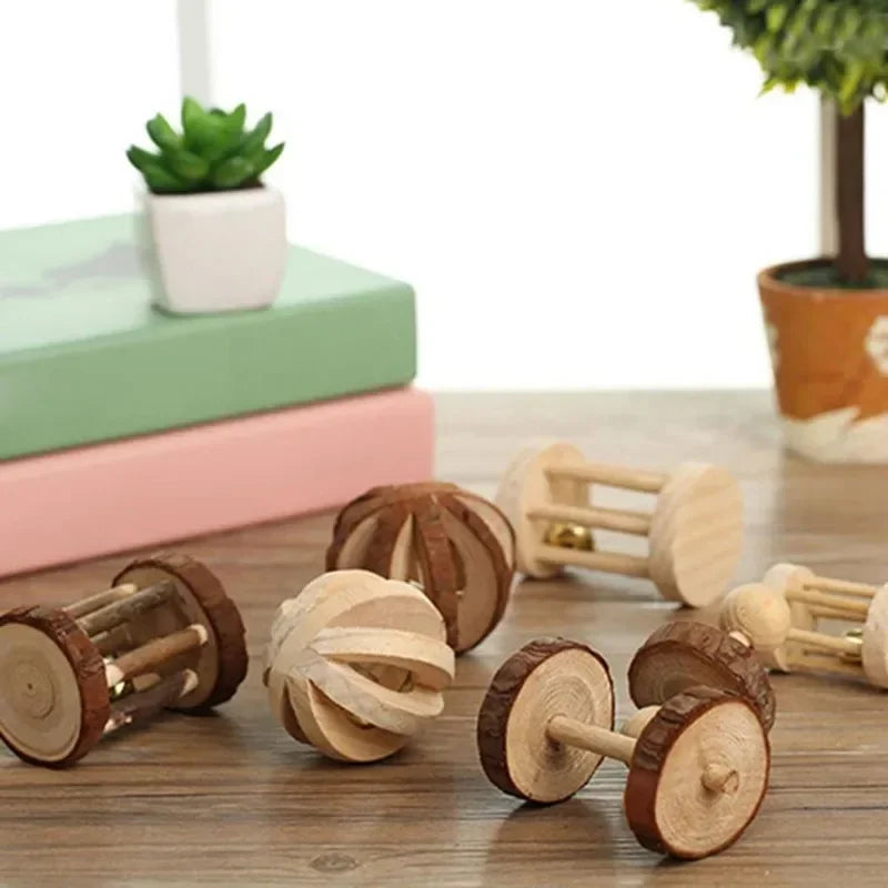 Wooden pine chew roller toy for small pets like rabbits, guinea pigs, and rats, with a dumbbell and unicycle bell design.