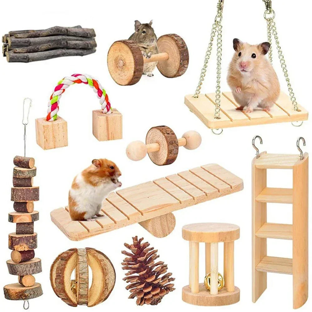 Wooden Pine Chew Roller Toy for small pets like rabbits, guinea pigs, and rats, featuring a dumbbell-shaped design with a bell.