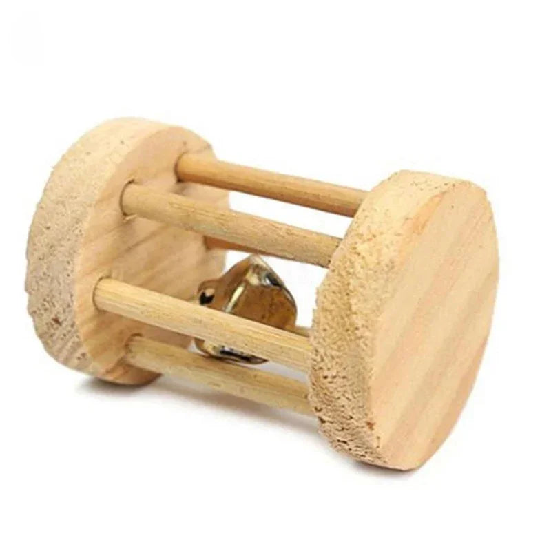 Wooden Pine Chew Roller Toy for small pets like rabbits, guinea pigs, and rats, with a dumbbell and unicycle bell design.