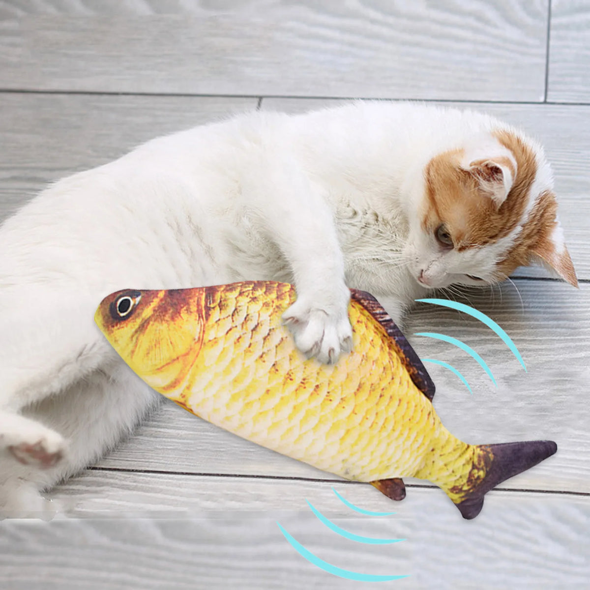 FanzyMarket USB rechargeable floppy fish cat toy, plush electronic pet toy with colorful fish design for cats and dogs.