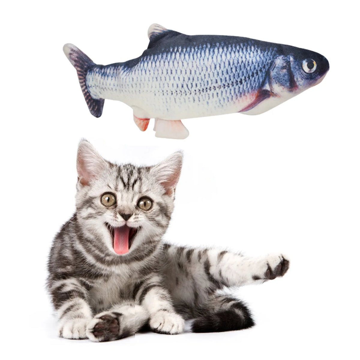 USB rechargeable floppy fish cat toy by FanzyMarket, plush electronic pet toy for cats and dogs, interactive and soft.