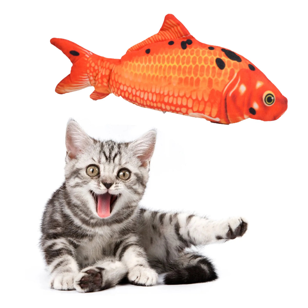 USB rechargeable Floppy Fish cat toy by FanzyMarket, plush electronic pet toy designed for cats and dogs to play and interact.