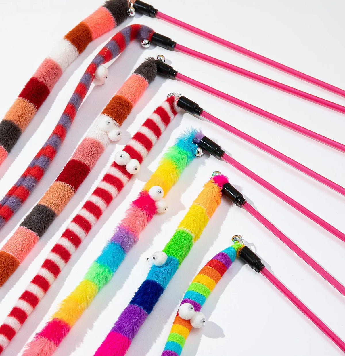FanzyMarket interactive cat teaser wand with bell featuring a plush gradient caterpillar tassel toy for cats.
