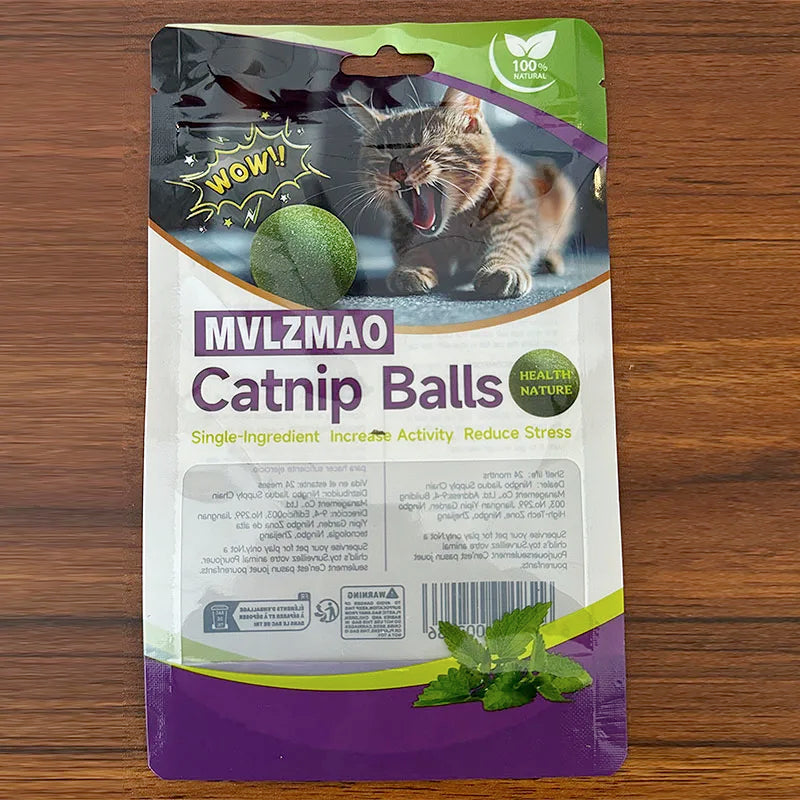 FanzyMarket edible catnip ball toy for cats, safe chewable pet toy promoting dental health and interactive play.